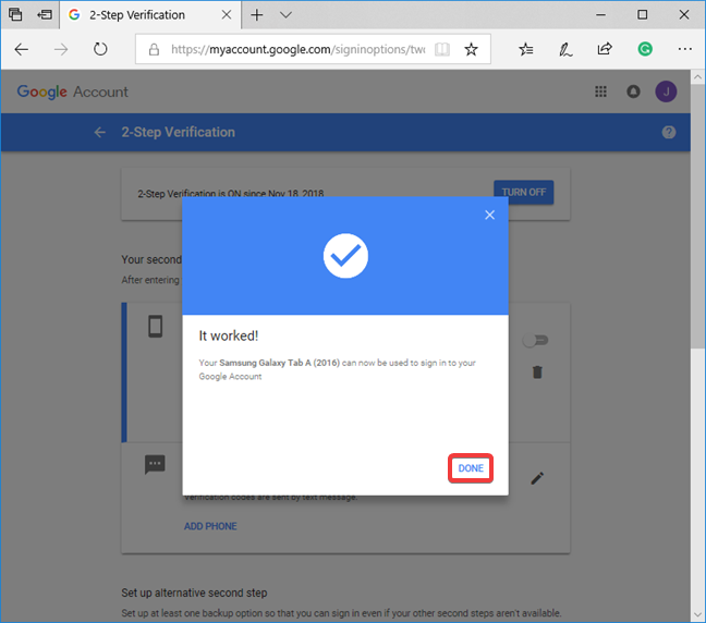 Finalisation de la configuration de l'invite Google pour la validation en deux étapes