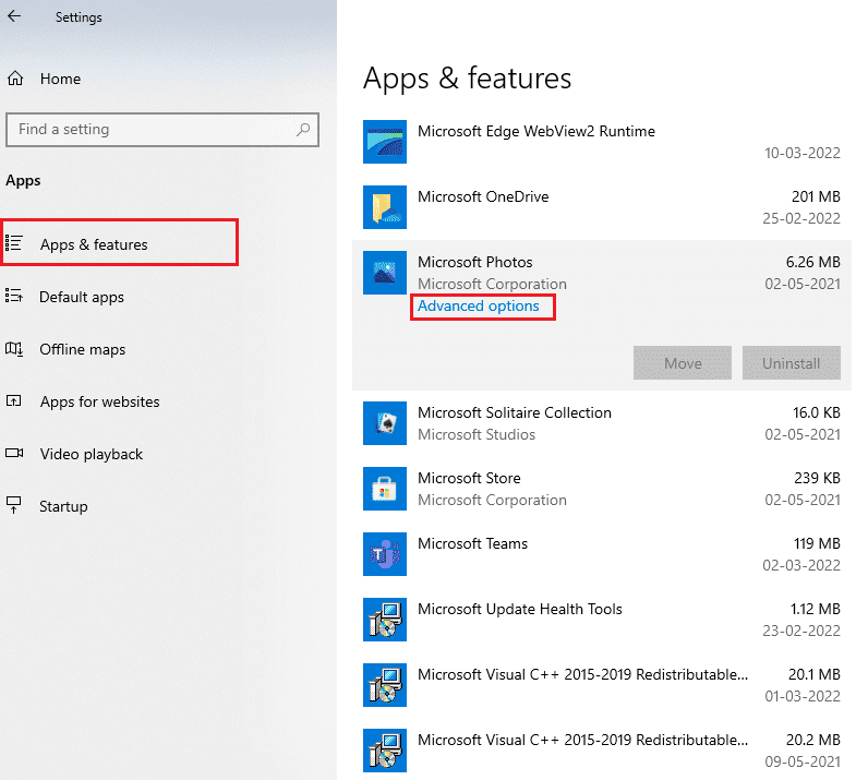 Sélectionnez Options avancées sur les applications et fonctionnalités Microsoft Photos