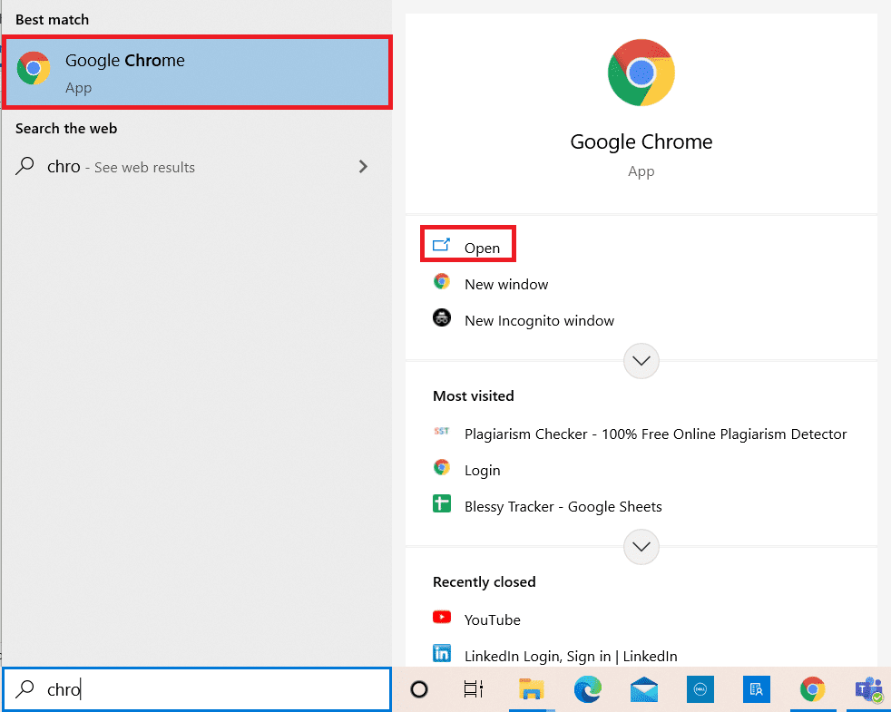 Stiskněte klávesu Windows.  Zadejte Chrome a otevřete jej |  RESULT_CODE_HUNG