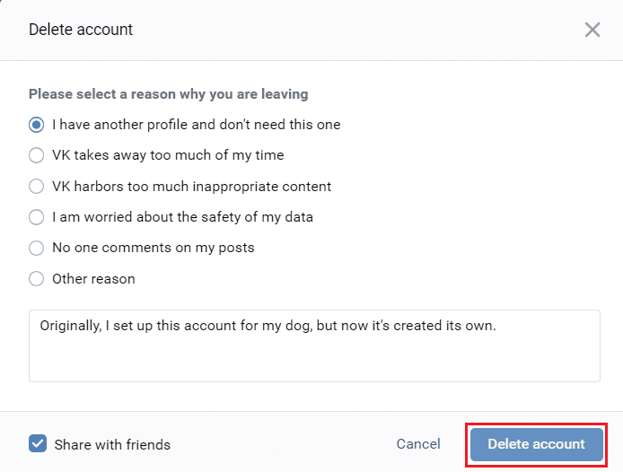 เลือกเหตุผลแล้วคลิกลบบัญชีในเว็บไซต์ VKontakte