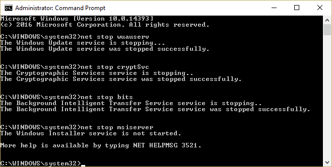 Stop Windows-updateservices wuauserv cryptSvc bits msiserver