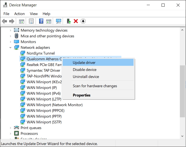 คลิกขวาที่อุปกรณ์ Wi-Fi ของคุณ (เช่น Intel) และเลือก Update Drivers