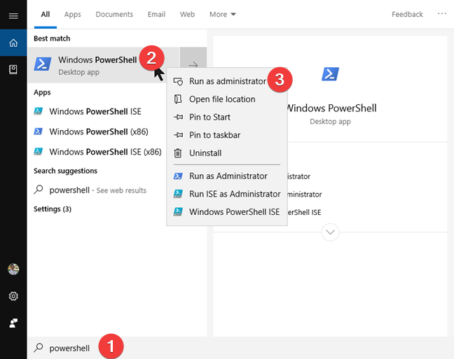 Zoek en start PowerShell in Windows 10