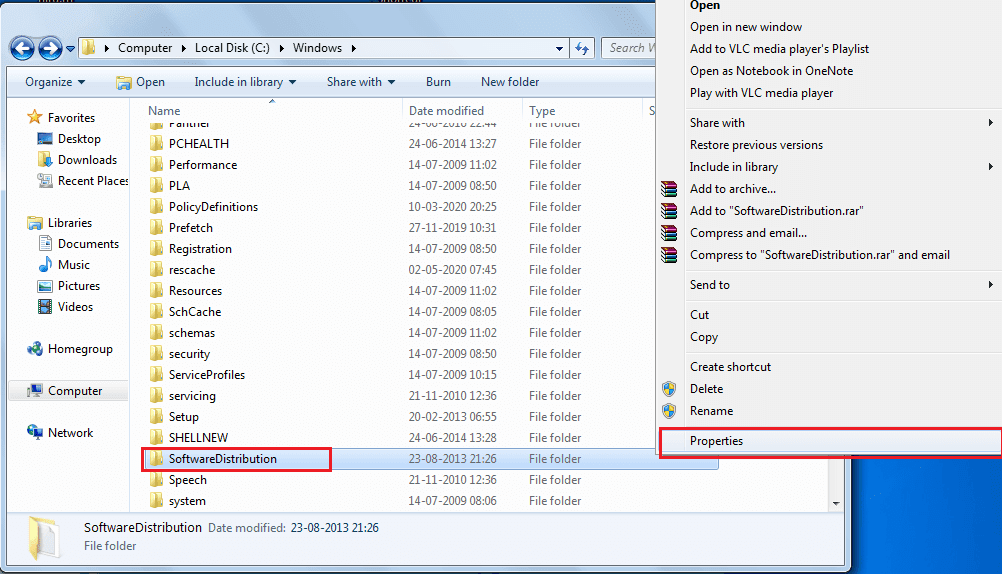 คลิกขวาที่ SoftwareDistribution และเลือก Properties