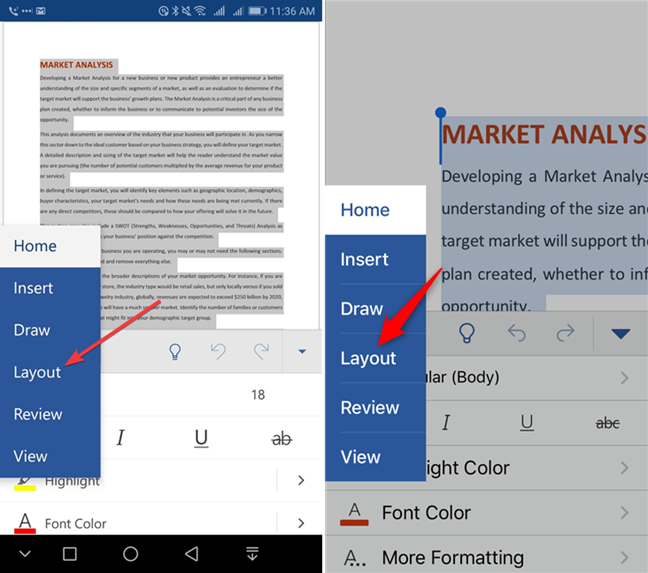 Appuyez sur Mise en page dans Microsoft Word pour mobile