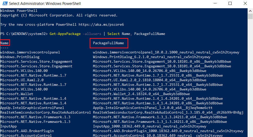 scorri verso il basso il nome completo e il nome del pacchetto in Windows PowerShell.  Correggi l'errore 0xa00f4244 nessuna fotocamera collegata