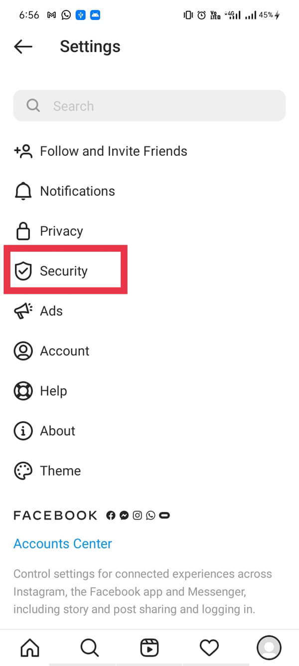 Теперь нажмите на «Безопасность».  |  Как исправить ошибку «Повторить попытку позже» в Instagram