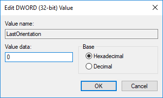 现在在 Last Orientation 的 Value data 字段下输入 0 并单击 OK |  修复旋转锁定在 Windows 10 中显示为灰色