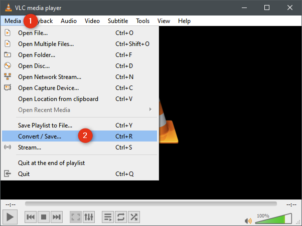 La opción Convertir/Guardar del menú Medios en VLC
