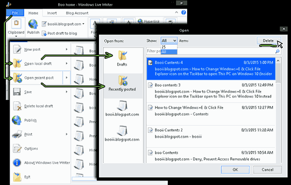 How to delete only Recent, Draf post on Windows live writer GUI