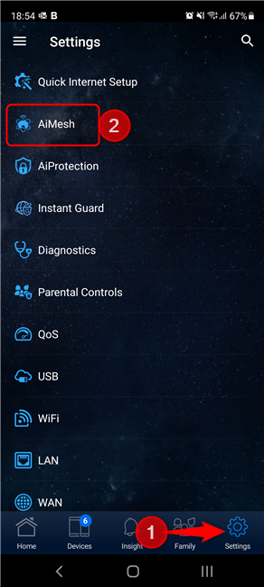 Tik op Instellingen en vervolgens op AiMesh