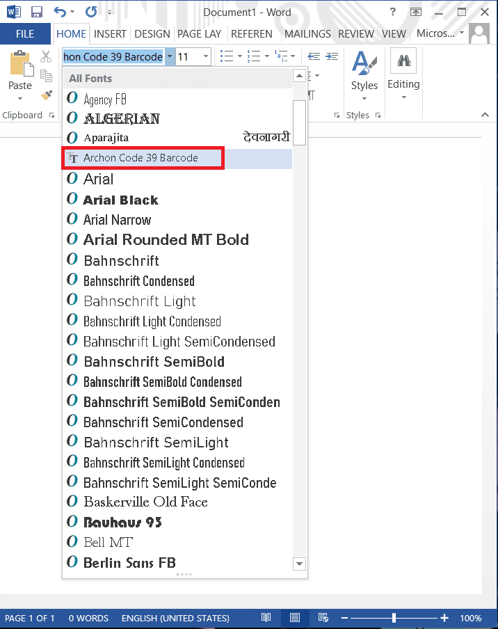 Ahora, reinicie el archivo MS.Word.  verá el código de barras en la lista de fuentes.