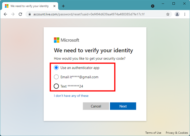 Metodi alternativi per ottenere il codice di reimpostazione della password Microsoft