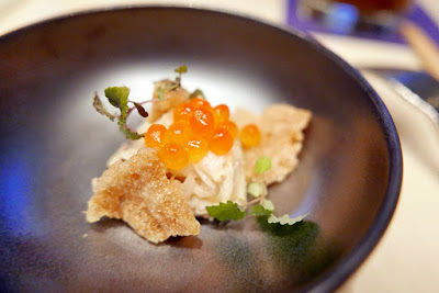 Chefs Week PDX 2/7/16 West Coast 2016 Dinner - Angus An presents Spot Prawn Cracker, Crab and Prawn in Coconut Uni reduction, Lemongrass, Ikura