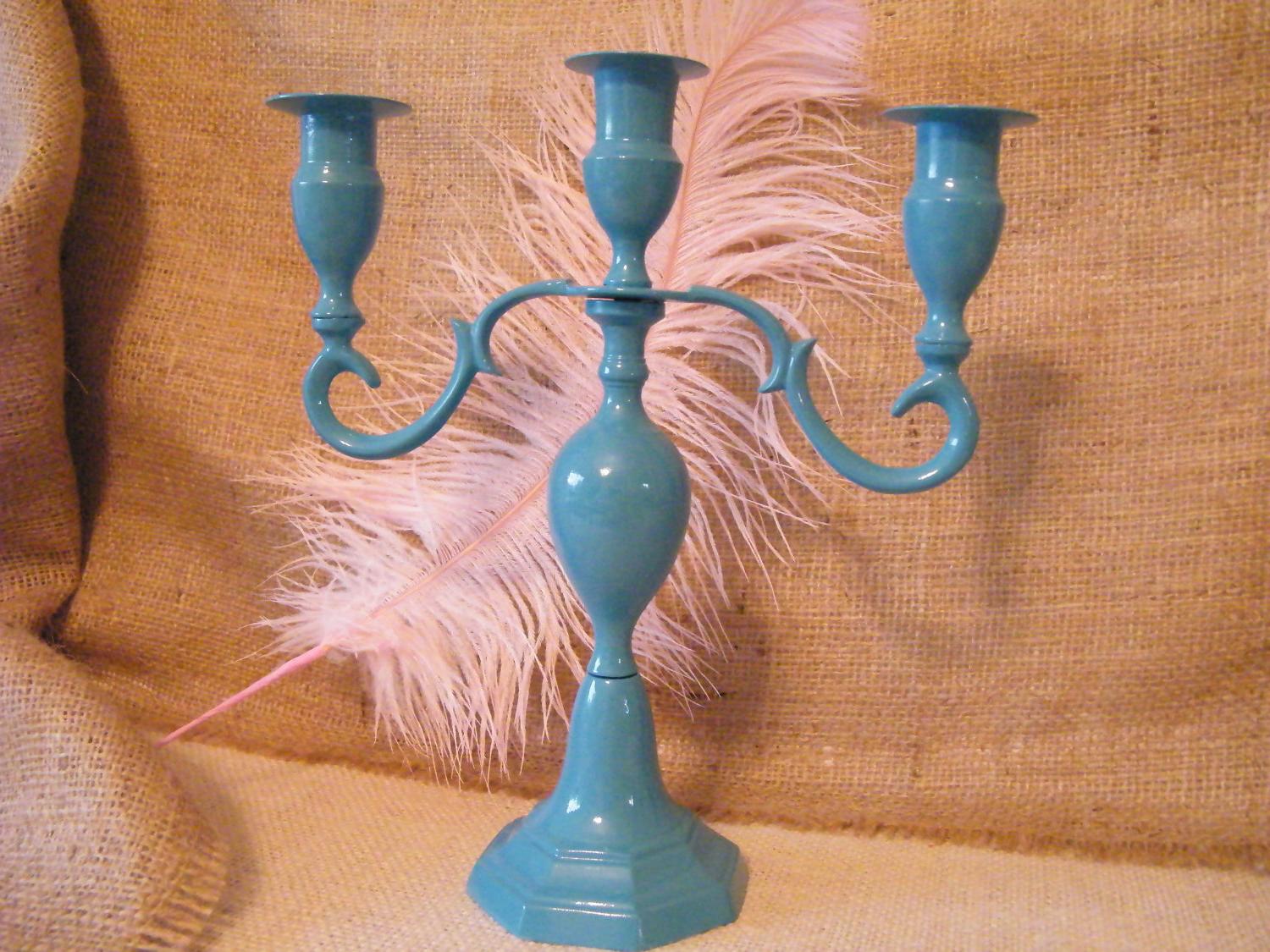 Candelabra-Solid Brass Turquoise- 3 Arm- Wedding Centerpiece-Shabby