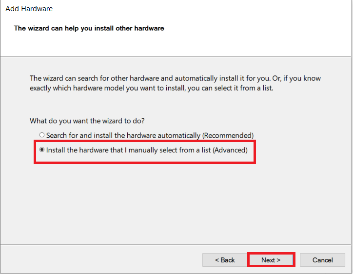 Chọn tùy chọn Cài đặt phần cứng mà tôi chọn thủ công từ danh sách và nhấp vào Tiếp theo.  Cách khắc phục Không có thiết bị âm thanh nào được cài đặt