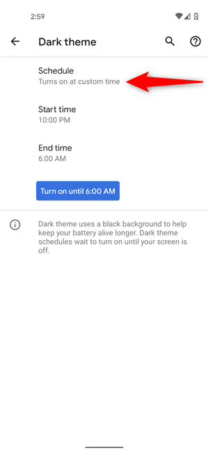 Programe cuándo el tema Android Dark se inicia automáticamente