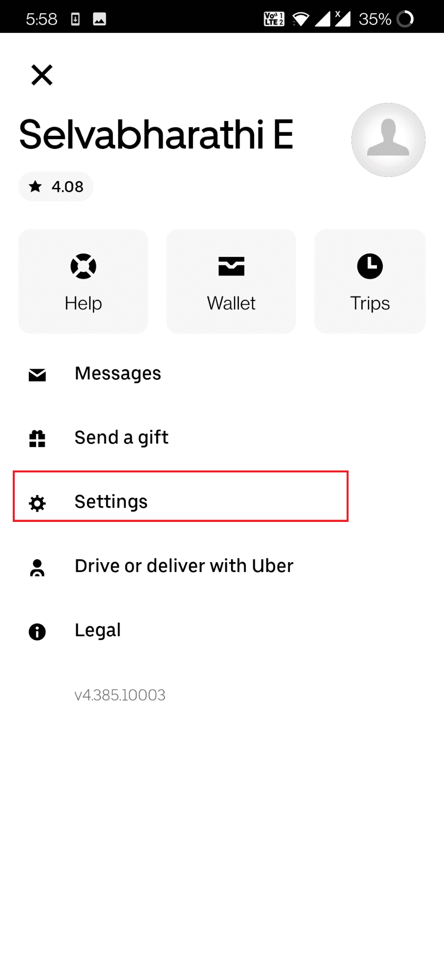 Presiona Configuración.  Cómo eliminar la cuenta de Uber Eats