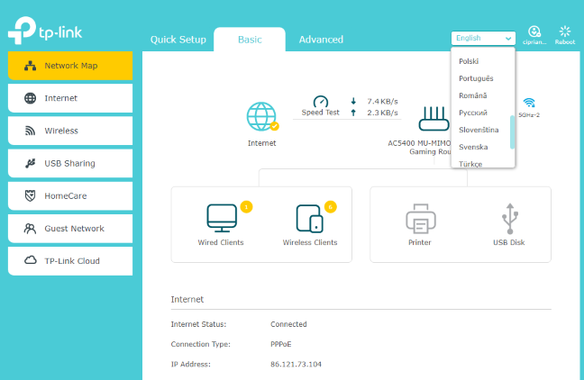 TP-Link Archer C5400X - los idiomas para la interfaz de usuario