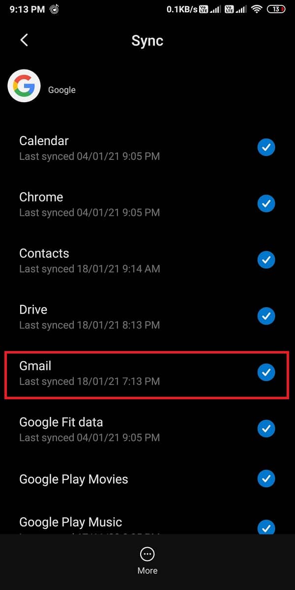 Desmarque el círculo junto a "Gmail".  |  Arreglar el error de Gmail en cola y fallido