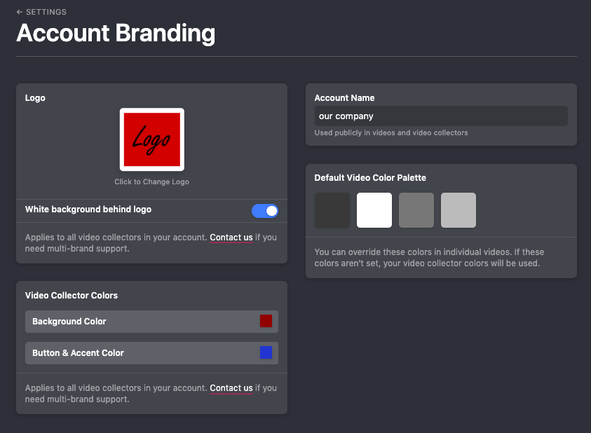 Account Branding in Vocal Video: Customize the logo, Account name, Video collector colors, and more.