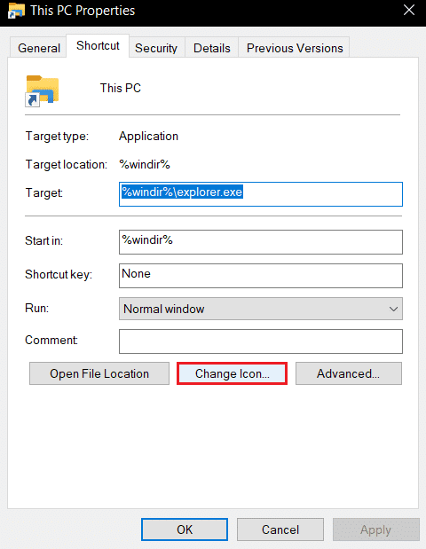 haga clic en la opción Cambiar icono en las propiedades de acceso directo de esta PC