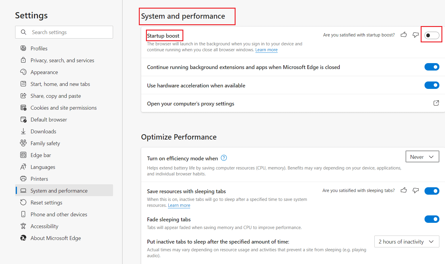 sistema de microsoft edge y configuración de rendimiento