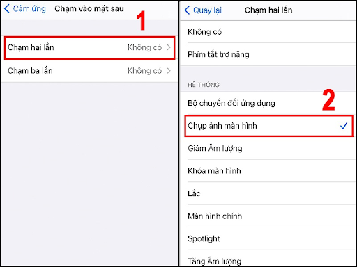 Chọn mục Số lần chạm tuỳ theo ý bạn và chọn Chụp ảnh màn hình