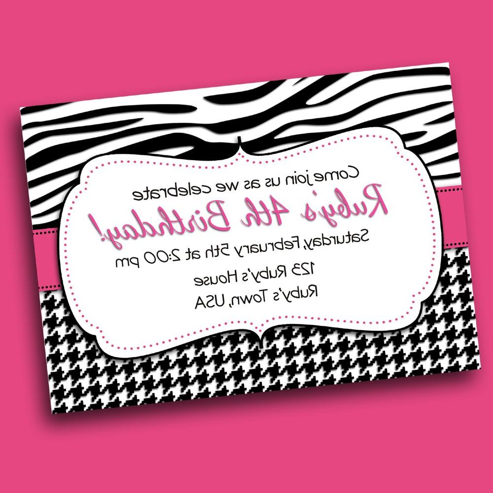 Diva Party Invitation, Pink and Black, Zebra and Houndstooth -- Digital