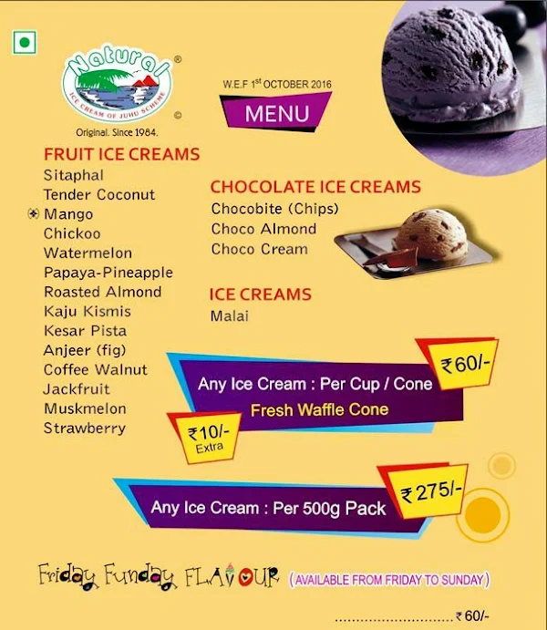 Natural Ice Cream menu 