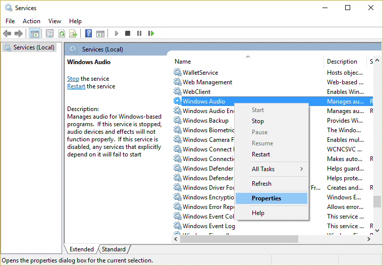 klik met de rechtermuisknop op Windows Audio Services en selecteer Eigenschappen