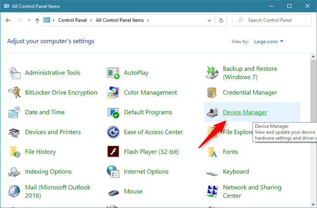 Acceso directo al Administrador de dispositivos en la vista de iconos del Panel de control