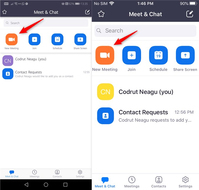 Il pulsante Nuova riunione dalle app Zoom per Android e iOS
