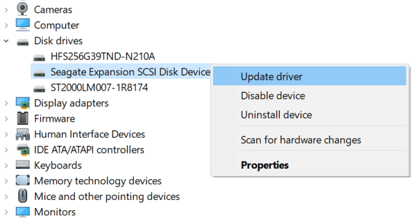 Haga clic derecho en su disco duro externo y seleccione Actualizar controlador