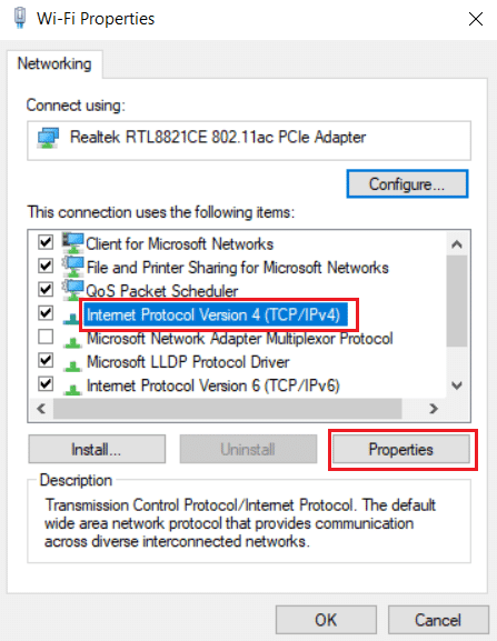 Internet Protocol versie 4-verbinding gemarkeerd samen met de optie Eigenschappen