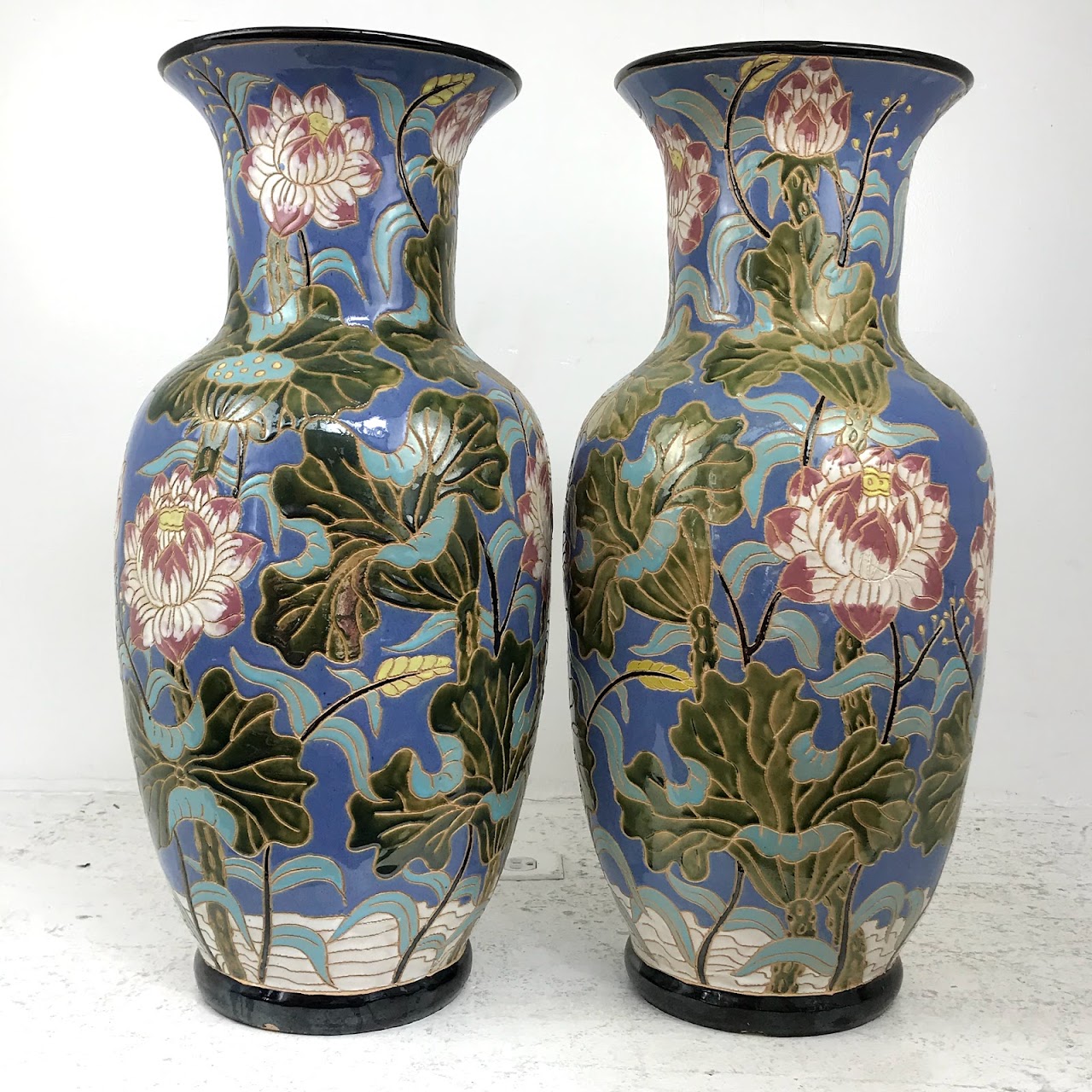 Floral Ceramic Floor Vase Pair