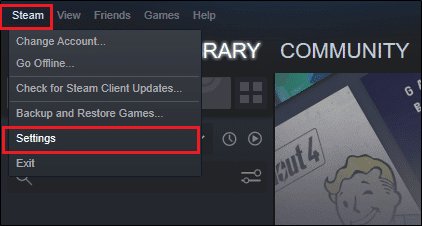 Ahora, seleccione Configuración de la lista desplegable |  Cómo reparar el error de carga de la aplicación Steam 3:0000065432