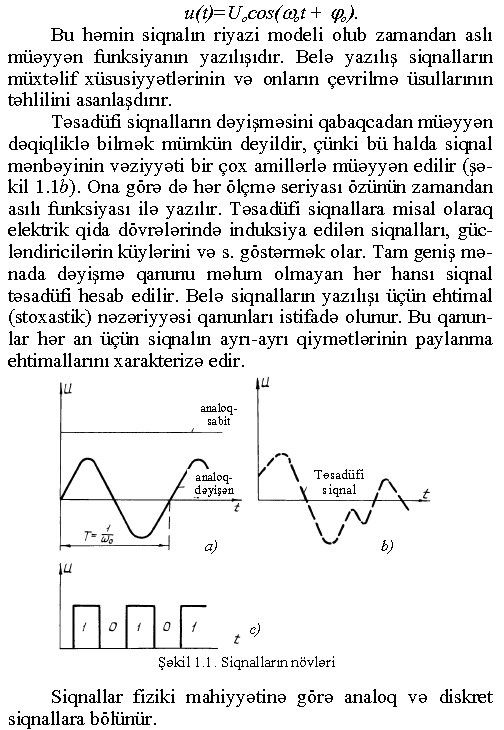 u(t)= Uocos((Dot + фо)- Bu həmin siqnalın riyazi modeli olub zamandan aslı müəyyən funksiyanın yazılışıdır. Belə yazılış siqnalların müxtəlif xüsusiyyətlərinin və onların çevrilmə üsullarının təhlilini asanlaşdırır. Təsadüfi siqnalların dəyişməsini qabaqcadan müəyyən dəqiqliklə bilmək mümkün deyildir, çünki bü halda siqnal mənbəyinin vəziyyəti bir çox amillərlə müəyyən edilir (şəkil 1.1Z>). Ona görə də hər ölçmə seriyası özünün zamandan asılı funksiyası ilə yazılır. Təsadüfi siqnallara misal olaraq elektrik qida dövrələrində induksiya edilən siqnalları, gücləndiricilərin küylərini və s. göstərmək olar. Tam geniş mənada dəyişmə qanunu məlum olmayan hər hansı siqnal təsadüfi hesab edilir. Belə siqnalların yazılışı üçün ehtimal (stoxastik) nəzəriyyəsi qanunları istifadə olunur. Bu qanunlar hər an üçün siqnalın ayrı-ayrı qiymətlərinin paylanma ehtimallarını xarakterizə edir. ✓ \ Təsadüfi ү siqnal / \ \ ~ b) u analoq- sabit / / \ / analoq- / \ / dəyişən 7-- — aJ0 / /\ —1 л) q ll / 0 / 0 / Şəkil 1.1. Siqnalların növləri Siqnallar fiziki mahiyyətinə görə analoq və diskret siqnallara bölünür.