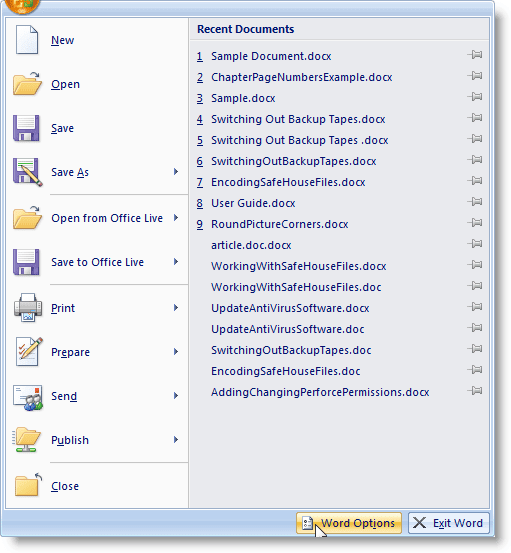 Sélection des options Word dans Word 2007