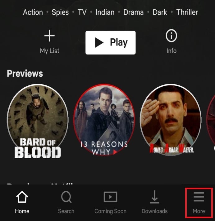 Inicie sesión en la cuenta de Netflix en la que desea eliminar el elemento.  Haga clic en el ícono Más que está disponible en la esquina inferior derecha de la pantalla.