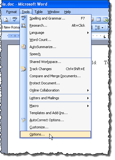 Selezionando Opzioni dal menu Strumenti in Word 2003