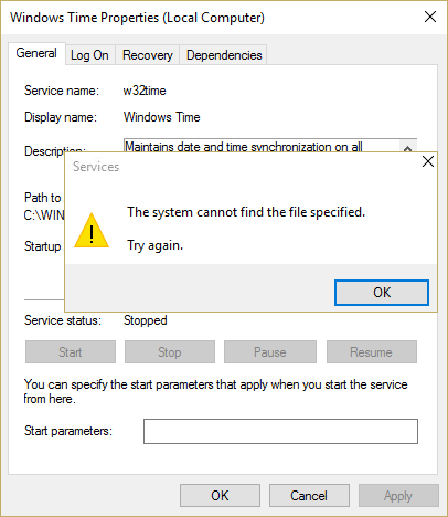 WindowsTimeサービスが自動的に開始されない問題を修正