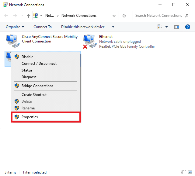 Maintenant, faites un clic droit sur votre connexion réseau et cliquez sur Propriétés.  Réparer Votre connexion a été interrompue dans Microsoft Edge