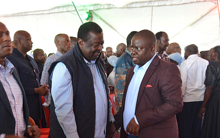 ANC party leader Musalia Mudavadi with Shinyalu MP Fred Ikana in a recent function in Shinyalu