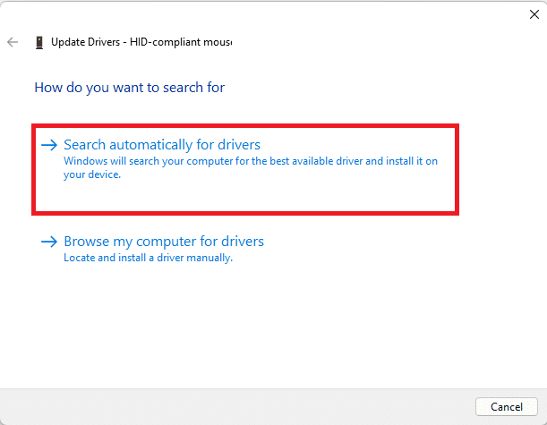 Seleccione Buscar controladores automáticamente en el asistente de actualización de controladores Windows 11