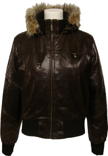 Womens Brown Hooded leather bomber jacket with fur collar # M2 (20)