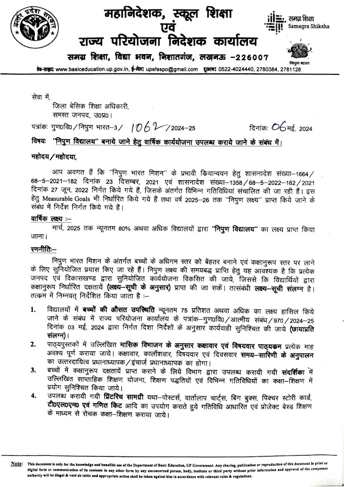 निपुण विद्यालय बनाये जाने हेतु वार्षिक कार्ययोजना उपलब्ध कराये जाने के सम्बन्ध में