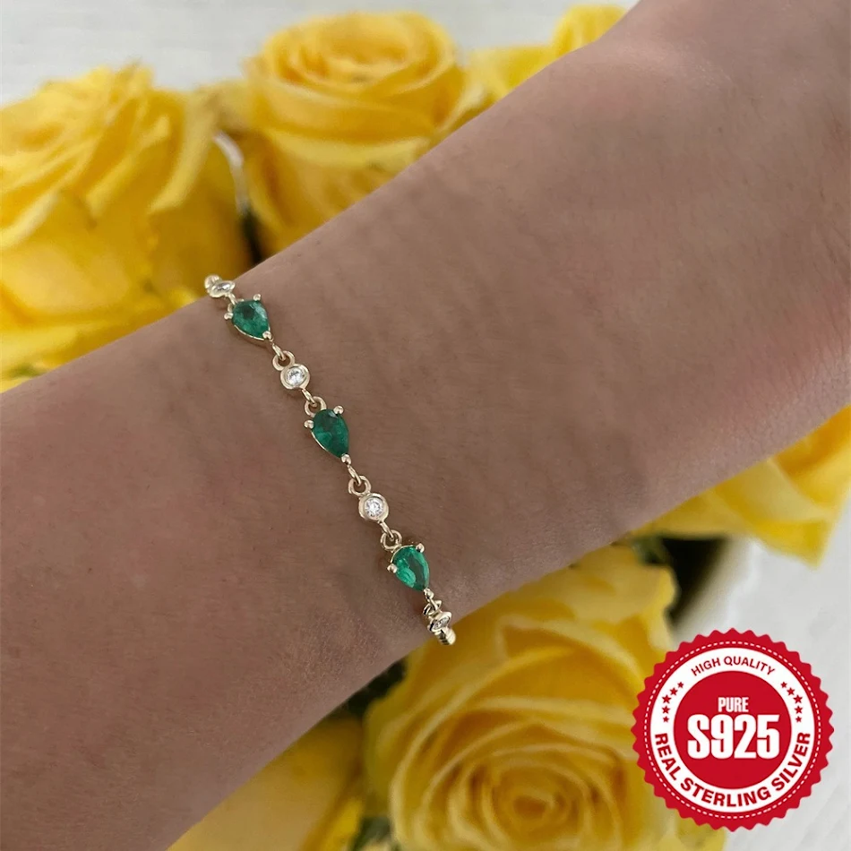 S925 Srebrna narukvica sa mini lančićem od kuglica, cirkon u obliku kapljice vode. Personalizovana evropska i američka moda, elegantan nakit.