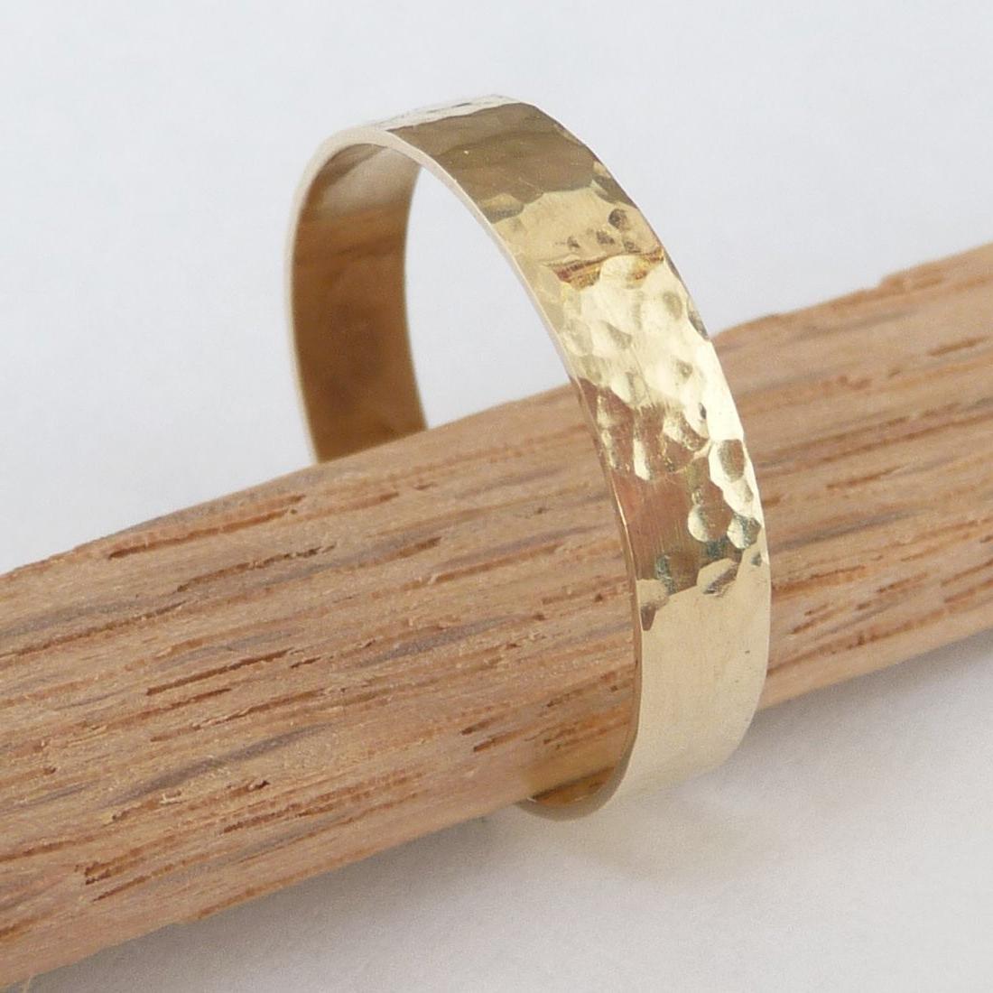 Hammered 14k gold wedding band flat ring polished shiny men or woman