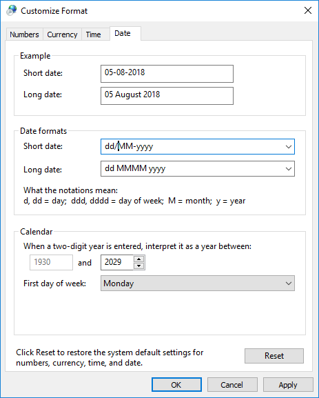 Sélectionnez l'onglet Date, puis sélectionnez ou entrez les formats de date personnalisés que vous souhaitez utiliser